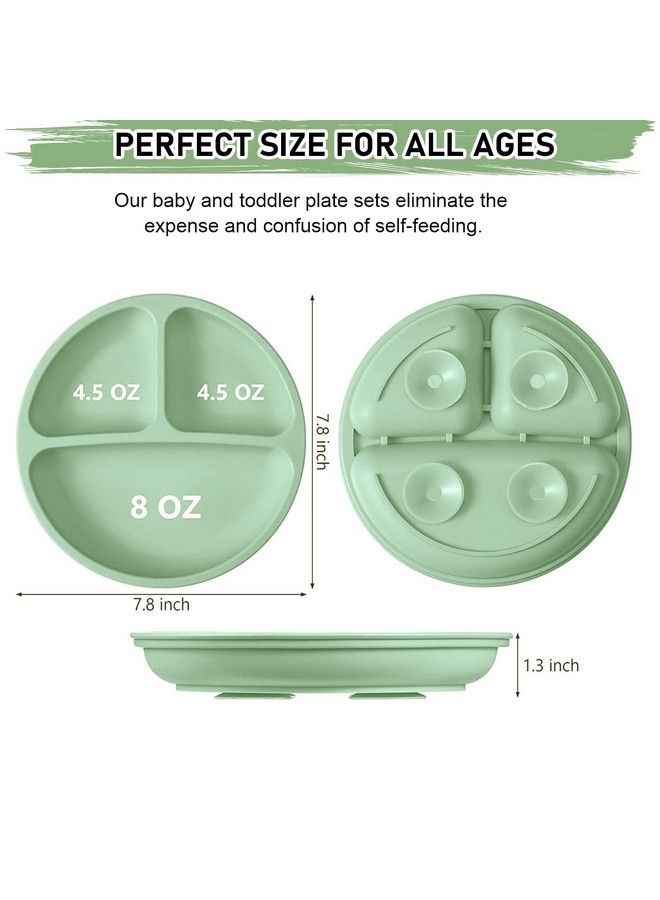 Baby Suction Plates For Baby Feeding With 4 Strong Suction Cups Silicone Toddler Plates With Deep Divided For Kids To Feed Themselves Dish Washer & Microwave Oven Safe (Green)