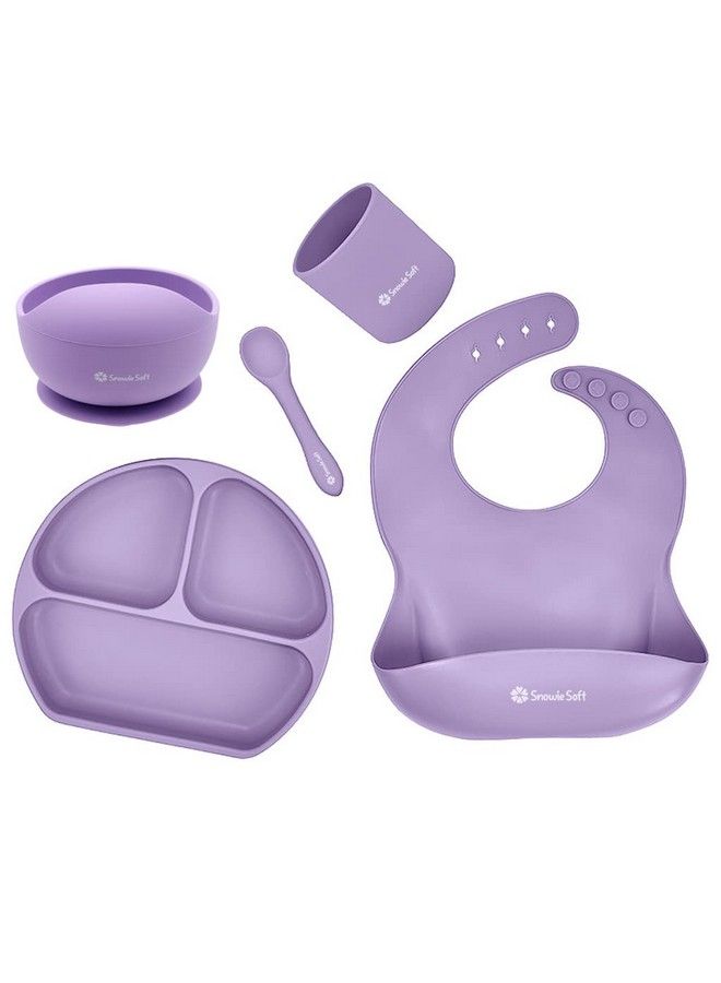 5Pcs Silicone Tableware Kit For Baby Foodgrade Silicone Tableware Kit Baby Plate & Bowl Set With Suckercupspoonbib Food Grade Silicone Bpafree Dishwasher & Microwave Safe (Purple)