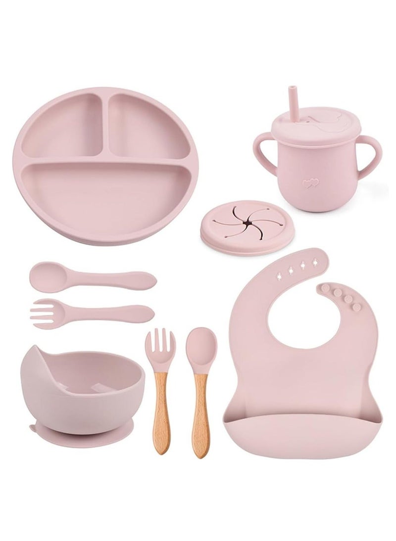 8 Pack Baby Feeding Set, Silicone Infant Dinnerware Suction Set, BPA Free Baby Tableware Set with Adjustable Soft Silicone Bib and utensils, for Baby Toddler (Pink)