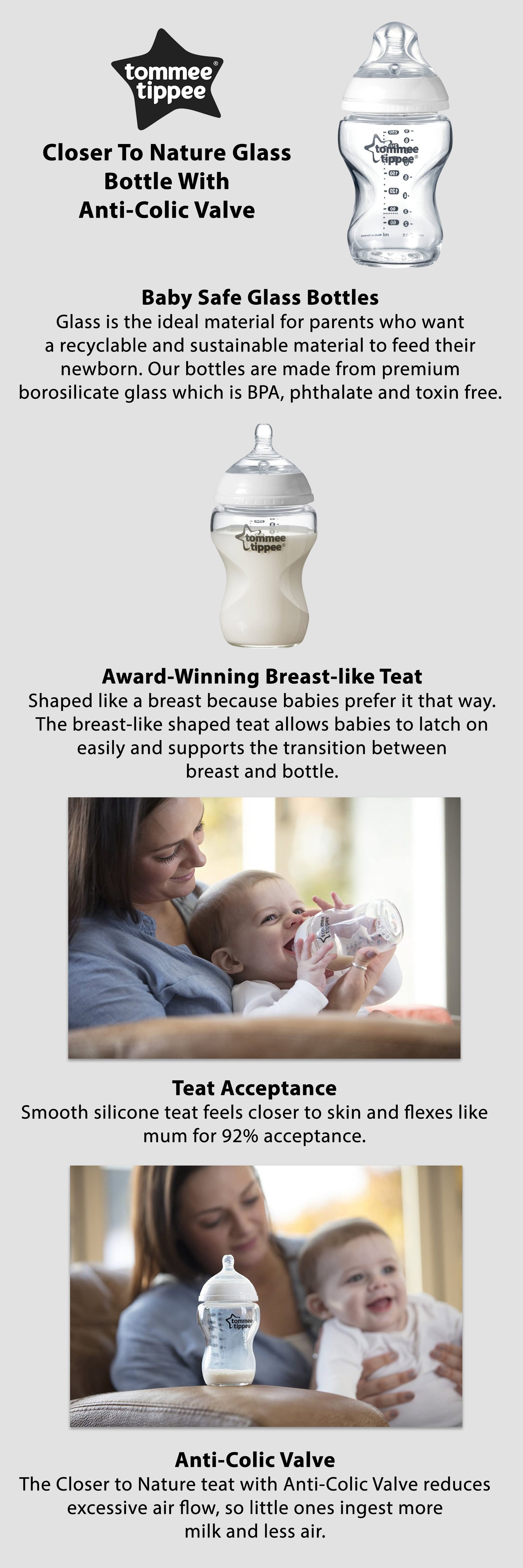 Pack Of 1 Closer To Nature Glass Baby Bottle Slow Flow Breast-Like Teat With Anti-Colic Valve 250ml/9oz 0M+ Assorted