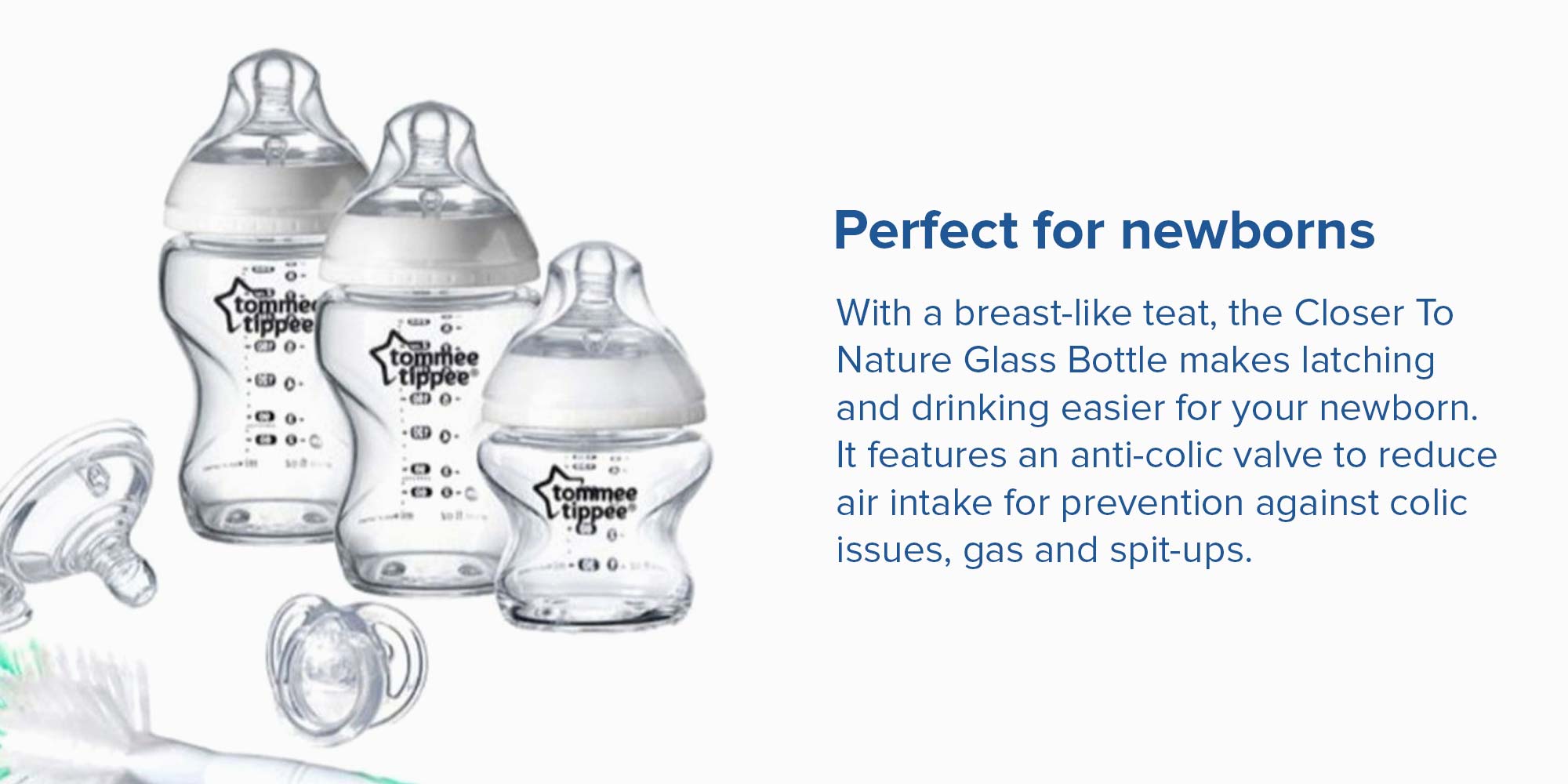 Closer to Nature Glass Baby Bottle Starter Set, Breast-Like Teat With Anti-Colic Valve -Assorted, Clear