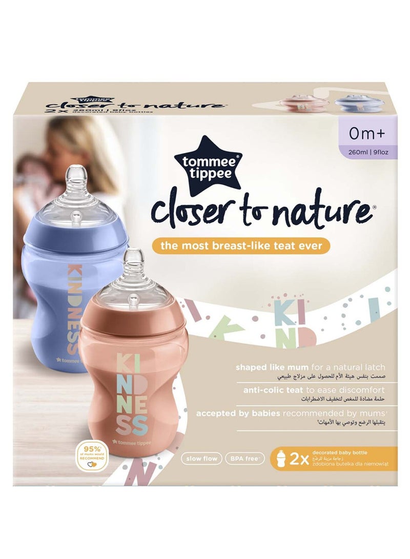 Pack Of 2 Closer To Nature Baby Bottles, Slow-Flow Anti-Colic Valve 0 Months+ 260 ml Multicolor