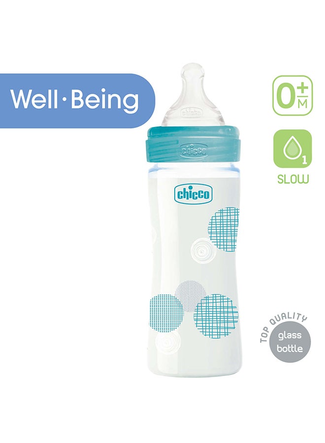 Well-Being Glass Bottle 240Ml Slow Flow 0M+ Silicone, Blue