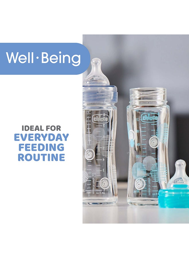 Well-Being Glass Bottle 240Ml Slow Flow 0M+ Silicone, Blue