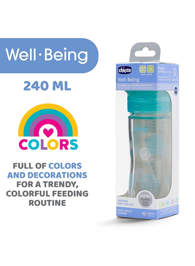 Well-Being Glass Bottle 240Ml Slow Flow 0M+ Silicone, Blue