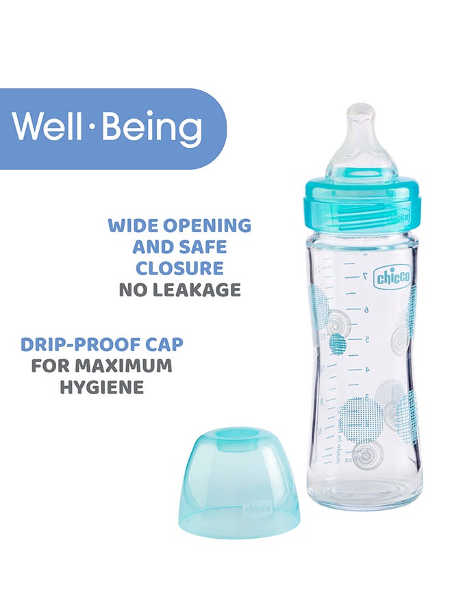 Well-Being Glass Bottle 240Ml Slow Flow 0M+ Silicone, Blue