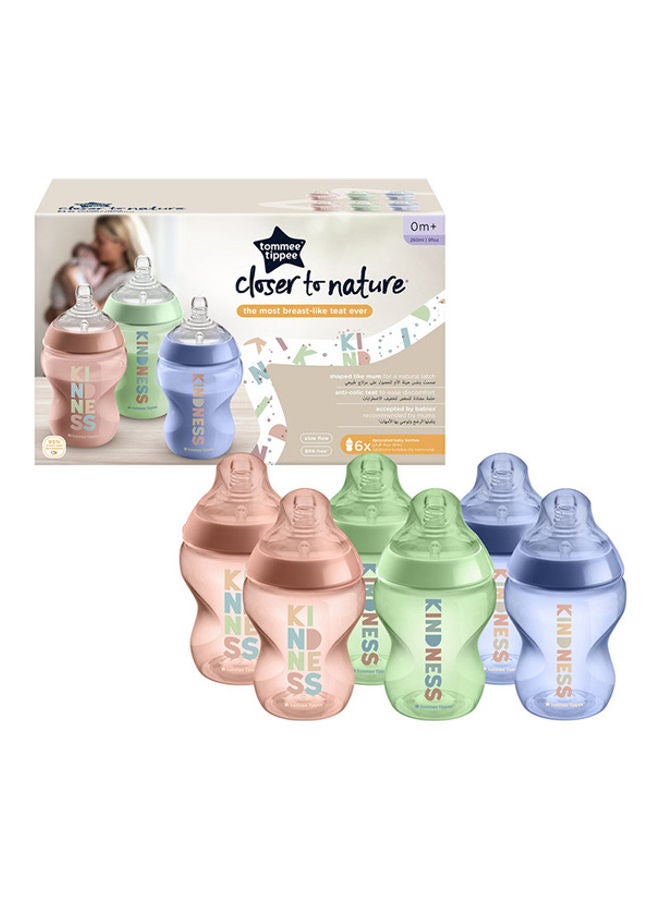 Closer To Nature Baby Bottles, Anti-Colic Valve, Slow-Flow, 260ml, 0+ Months, Pack Of 6 - Multicolour