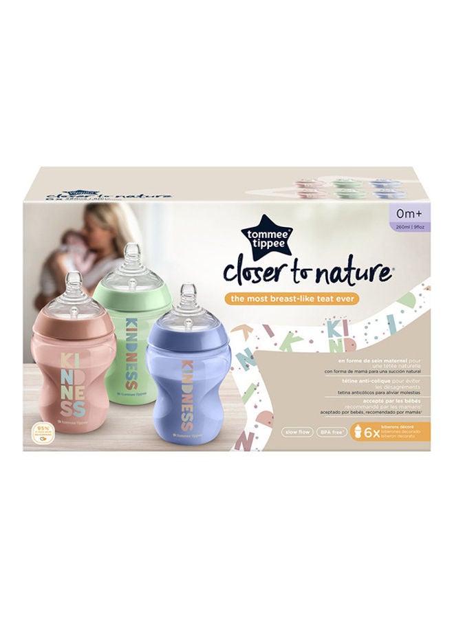 Closer To Nature Baby Bottles, Anti-Colic Valve, Slow-Flow, 260ml, 0+ Months, Pack Of 6 - Multicolour