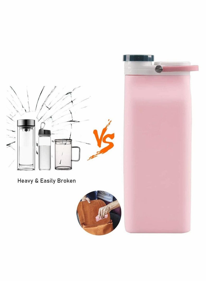 Collapsible Water Bottle BPA Free - Foldable for Travel Sports Bottles with Triple Leak Proof Lightweight 20oz, Pink