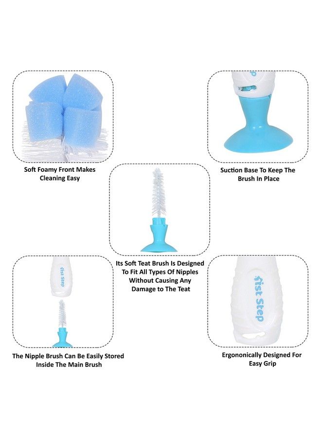 Bpa Free 2 In 1 Bottle And Nipple Cleaning Brush With Suction Base And Nylon Bristles For Easy Cleaning (Blue)