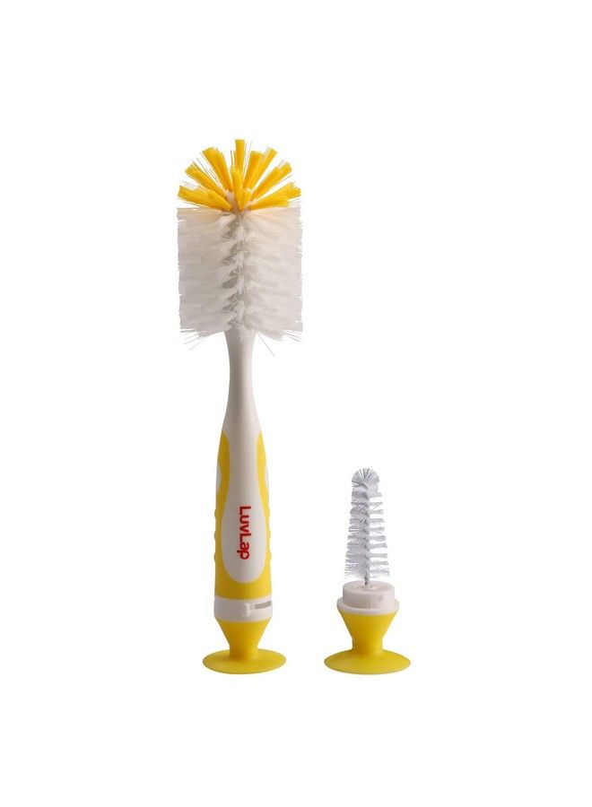 2 In1 Bristle Baby Feeding Bottle Cleaning Brush & Nipple Cleaner Grooved Handle With Suction Base Easy To Clean Bottle Corners For Narrow Neck & Wide Neck Feeding Bottles Yellow