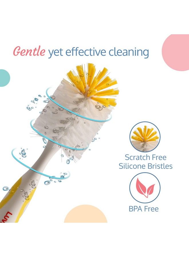 2 In1 Bristle Baby Feeding Bottle Cleaning Brush & Nipple Cleaner Grooved Handle With Suction Base Easy To Clean Bottle Corners For Narrow Neck & Wide Neck Feeding Bottles Yellow