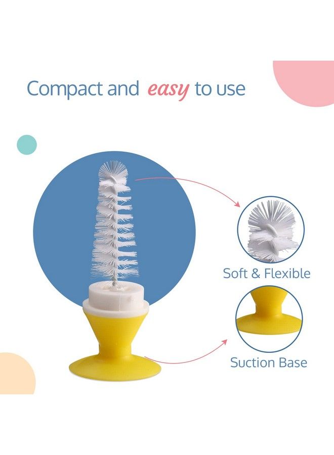 2 In1 Bristle Baby Feeding Bottle Cleaning Brush & Nipple Cleaner Grooved Handle With Suction Base Easy To Clean Bottle Corners For Narrow Neck & Wide Neck Feeding Bottles Yellow