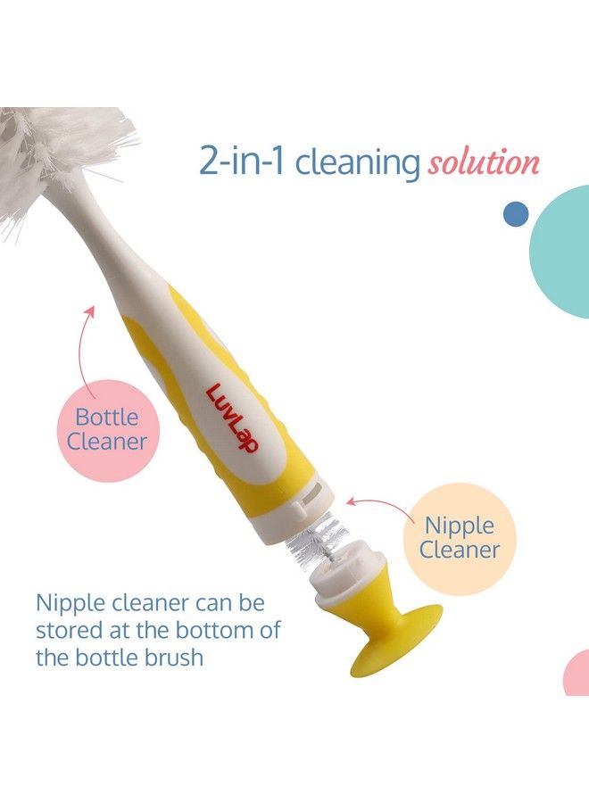 2 In1 Bristle Baby Feeding Bottle Cleaning Brush & Nipple Cleaner Grooved Handle With Suction Base Easy To Clean Bottle Corners For Narrow Neck & Wide Neck Feeding Bottles Yellow