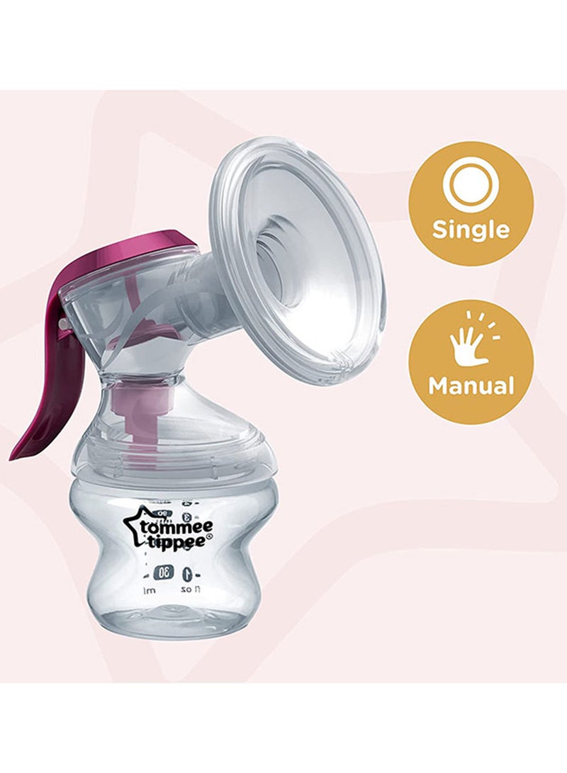 Made For Me Single Manual Breast Pump, Strong Suction, Soft Feel, Ergonomic Handle, Portable And Quiet Breastmilk Pump, Baby Bottle Included