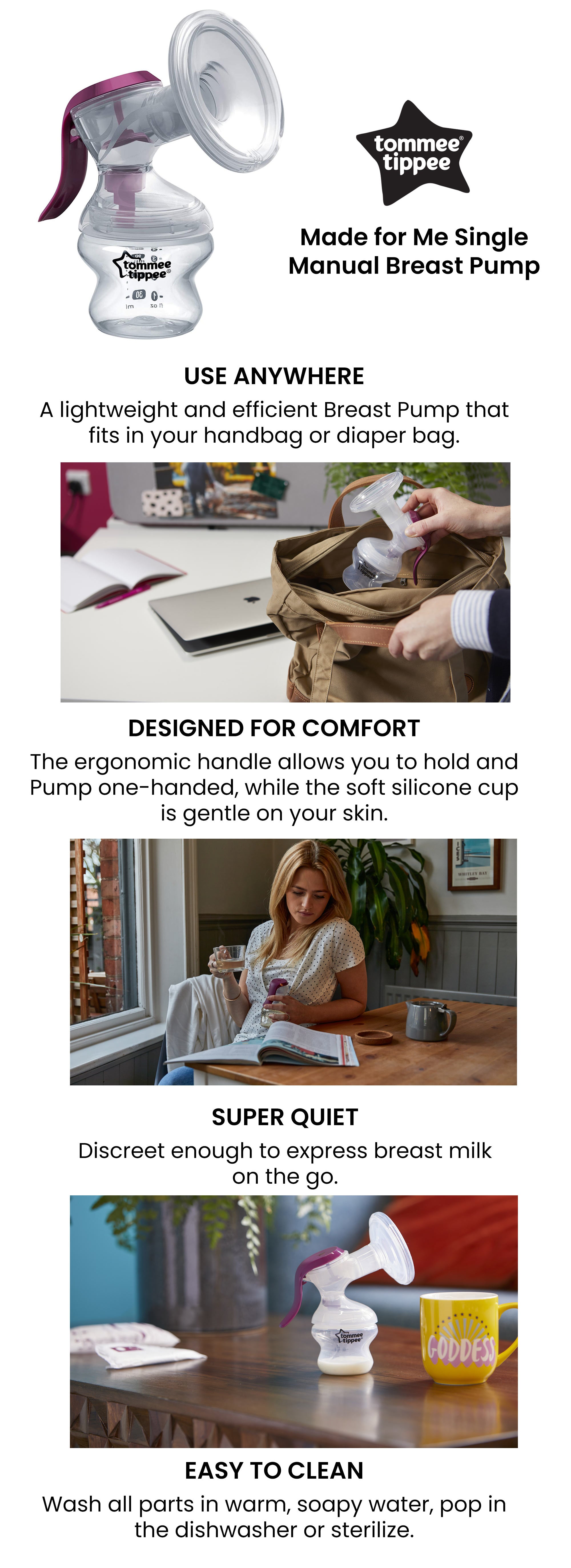 Made For Me Single Manual Breast Pump, Strong Suction, Soft Feel, Ergonomic Handle, Portable And Quiet Breastmilk Pump, Baby Bottle Included