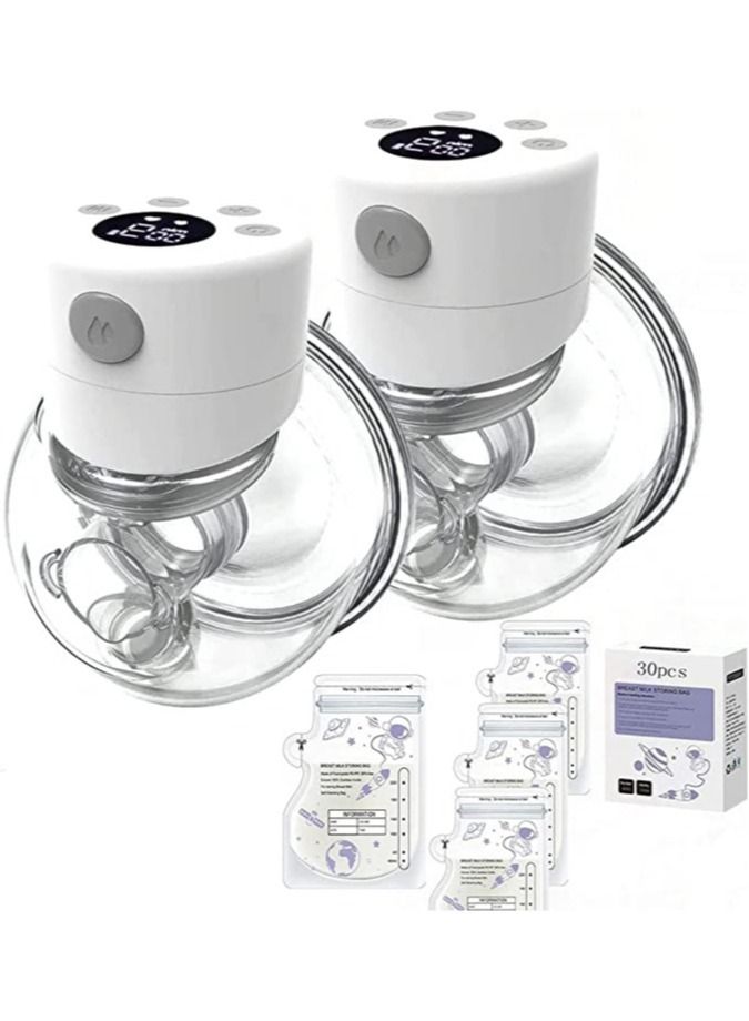 Electric Hands Free Wearable Breast Pump With 2 Mode And 9 Levels Pumping And 30 Breastmilk Storage Bags