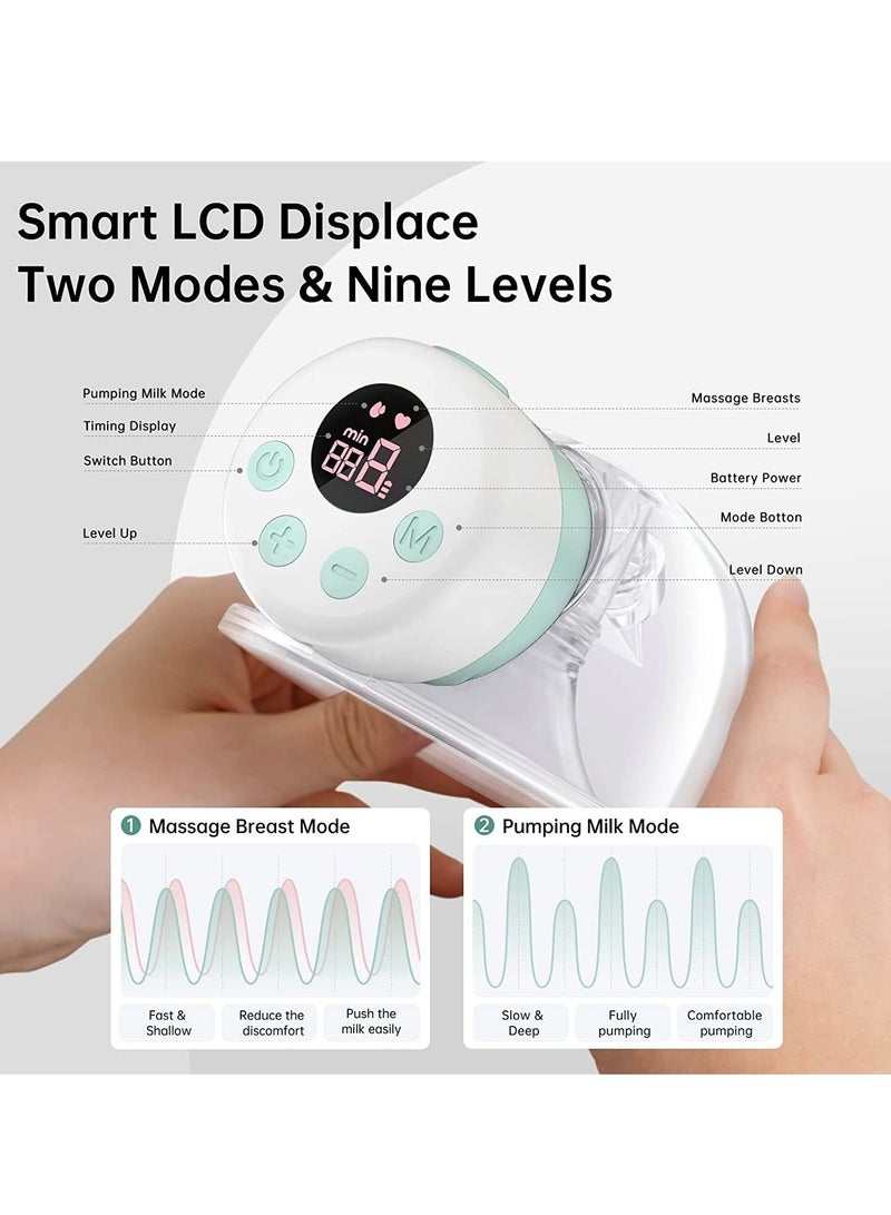 Electric Hands-Free Double Wearable Breast Pump With 2 Modes 9 Levels LCD Display, Memory Function Rechargeable And Massage Pumping Mode Green