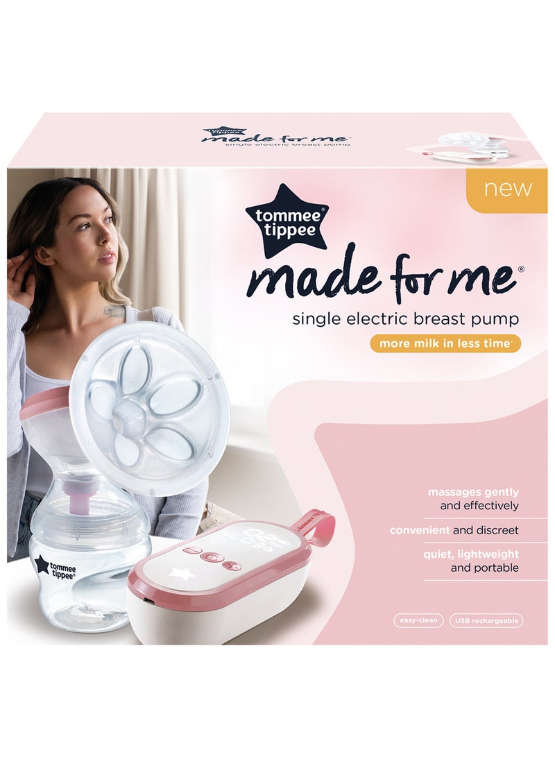 Made For Me Single Electric Breast Pump, Strong Suction, Soft Feel, USB Rechargeable, Quiet, Portable, Express Modes, Baby Bottle Included