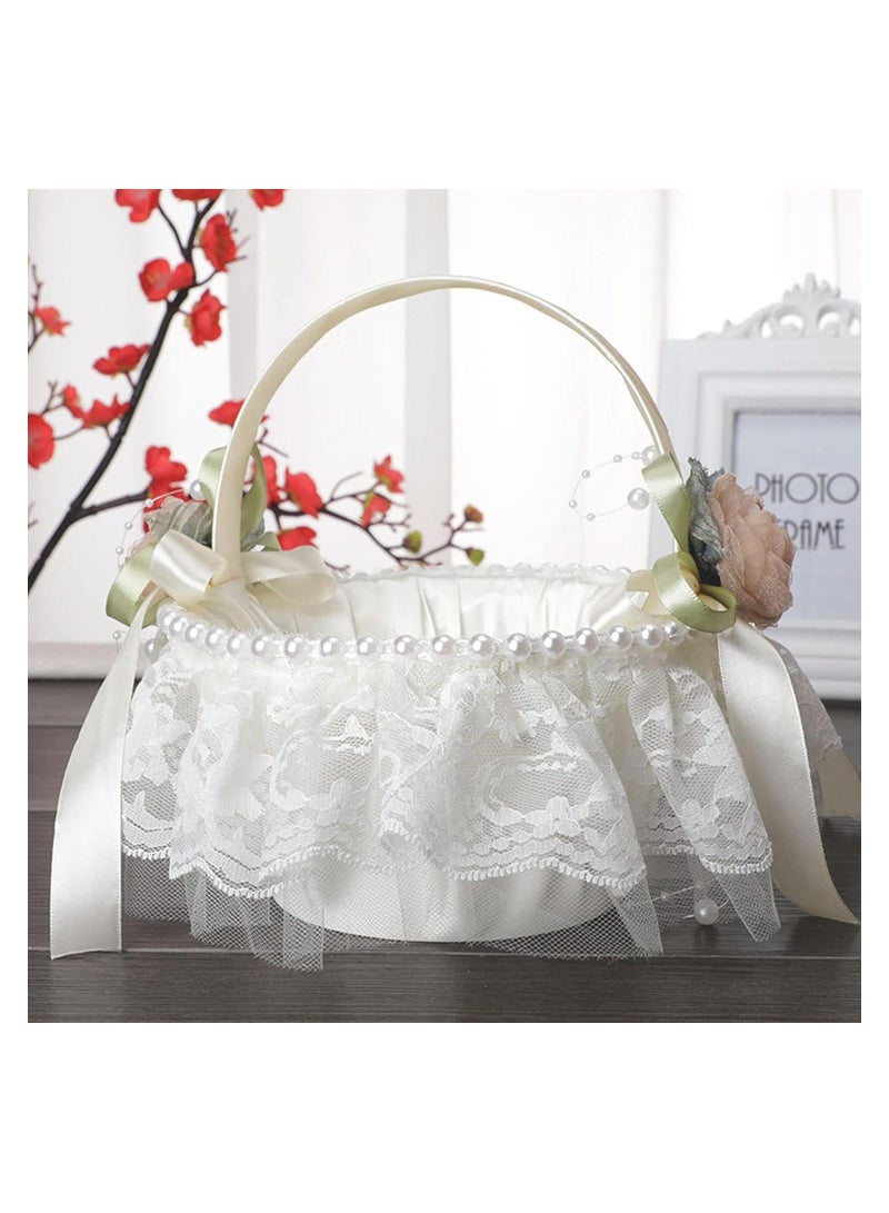 Flower Girl Lace Baskets for Weddings, Romantic Wedding Ivory Basket, Decorated with & Artificial Pearl, Ceremony Party Favor,