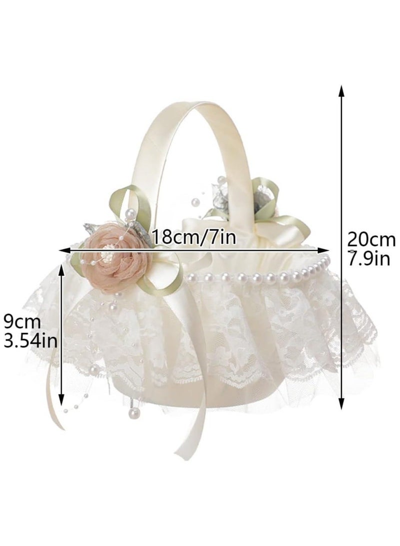 Flower Girl Lace Baskets for Weddings, Romantic Wedding Ivory Basket, Decorated with & Artificial Pearl, Ceremony Party Favor,