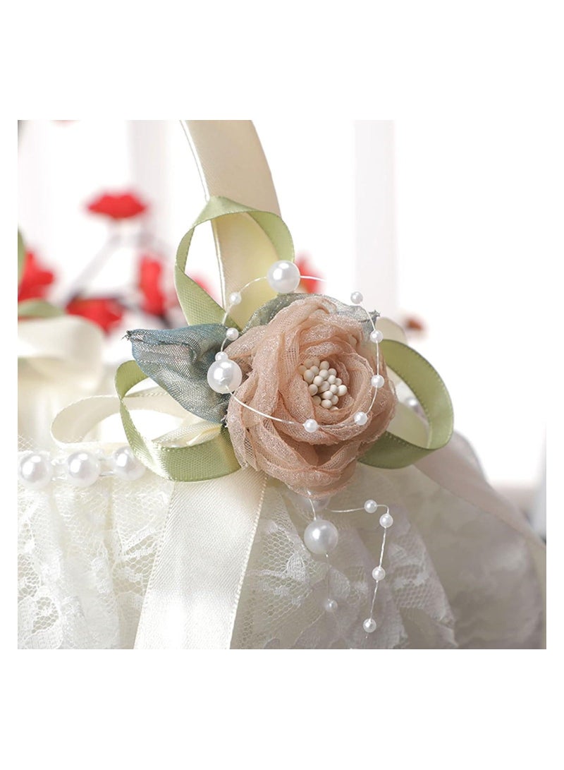 Flower Girl Lace Baskets for Weddings, Romantic Wedding Ivory Basket, Decorated with & Artificial Pearl, Ceremony Party Favor,