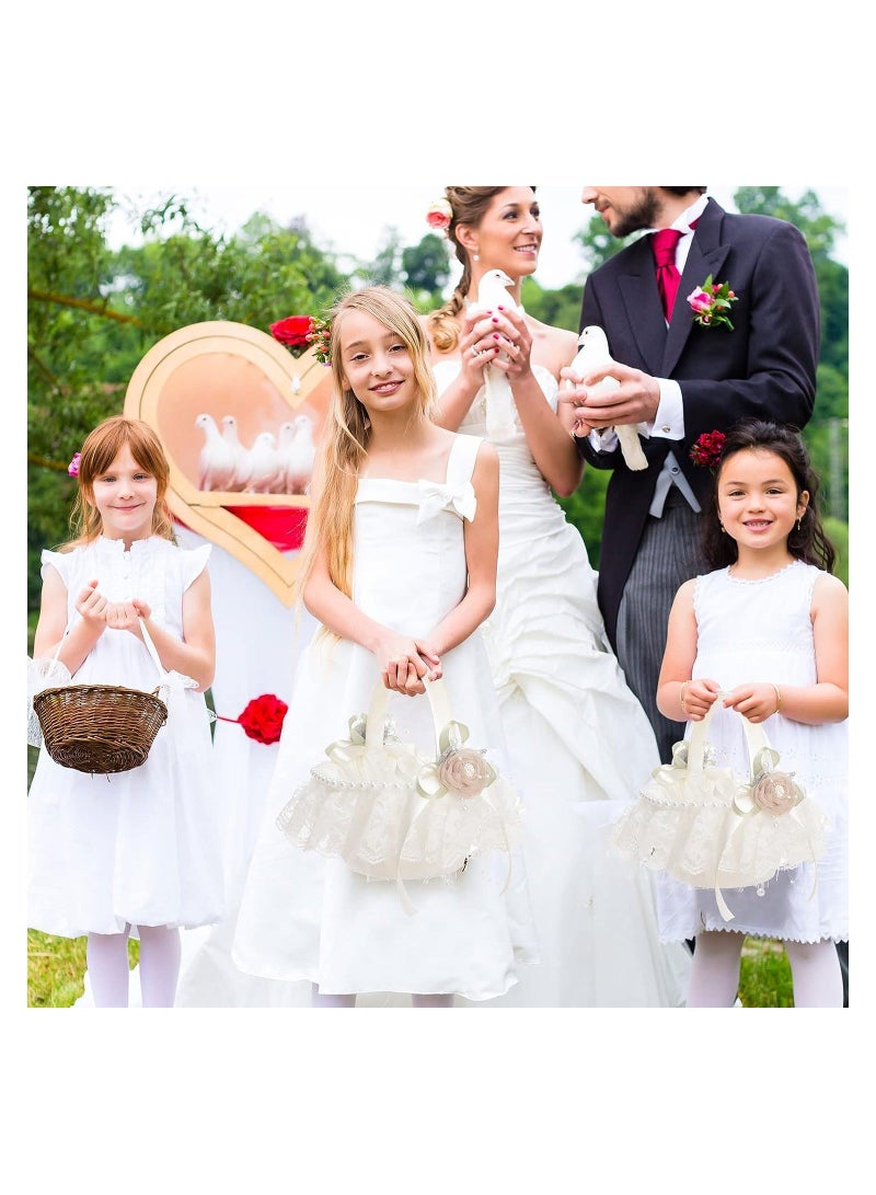 Flower Girl Lace Baskets for Weddings, Romantic Wedding Ivory Basket, Decorated with & Artificial Pearl, Ceremony Party Favor,