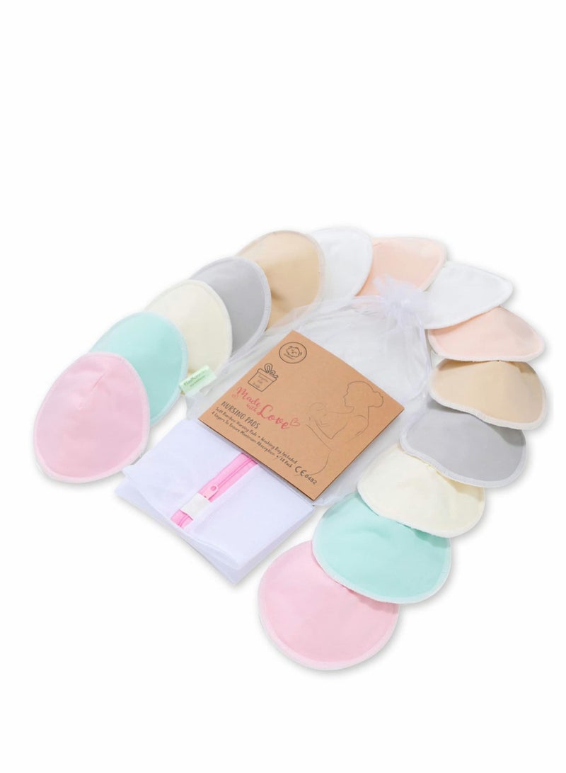 Organic Bamboo Nursing Breast Pads - 14 Washable + Wash Bag Breastfeeding Nipple Pad for Maternity Reusable (Pastel Touch, Large 4.8