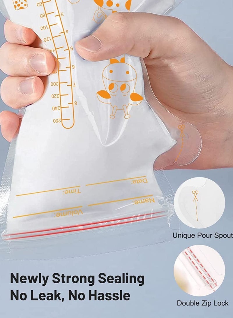 Breastmilk Storage Bags, 8.5 OZ / 30 Pcs Breast Milk Bags with Double Zip Lock, Self Standing, Pre-Sterilized Storing Containers, Space Saving Flat Profile