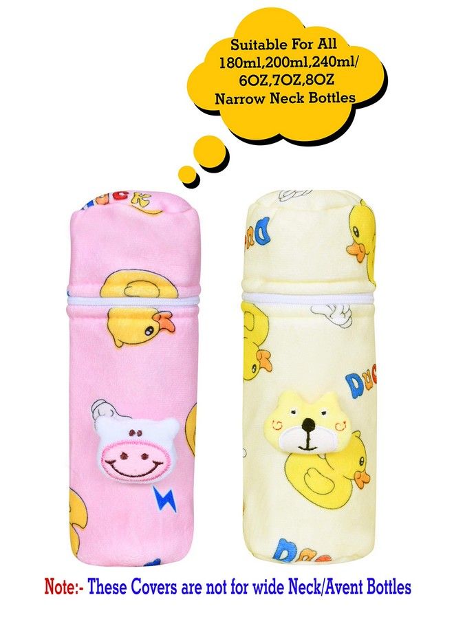 Soft Plush Stretchable Baby Feeding Bottle Cover With Easy To Hold Strap ; Cute Animated Overall Print Pack Of 2 (Pink & Yellow Zip Closure 240Ml;8Oz)…