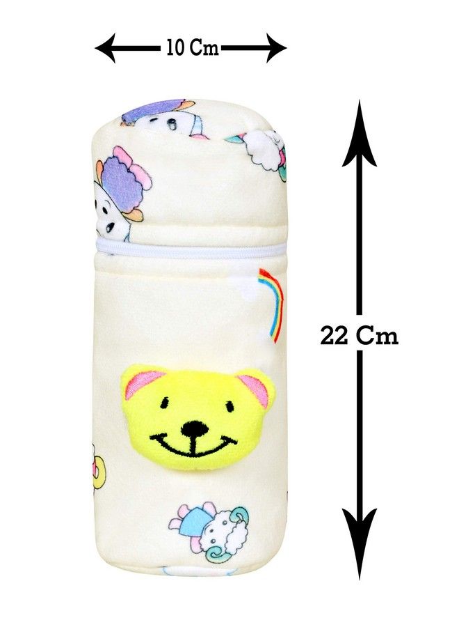 Soft Plush Stretchable Baby Feeding Bottle Cover With Easy To Hold Strap ; Cute Animated Overall Print Pack Of 2 (Pink & Yellow Zip Closure 240Ml;8Oz)…