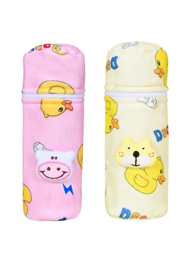 Soft Plush Stretchable Baby Feeding Bottle Cover With Easy To Hold Strap ; Cute Animated Overall Print Pack Of 2 (Pink & Yellow Zip Closure 240Ml;8Oz)…