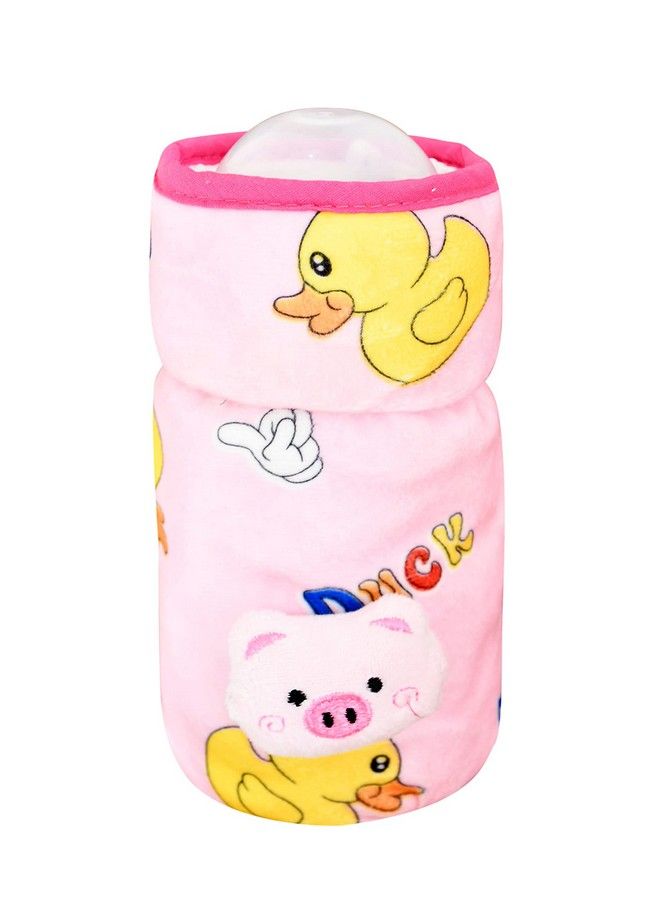 Soft Plush Stretchable Baby Feeding Bottle Cover With Easy To Hold Strap ; Cute Animated Overall Print Pack Of 2 (Pink & Blue Wide Neck 240 330Ml)