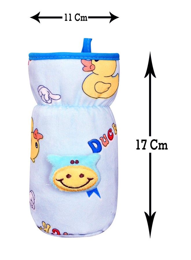 Soft Plush Stretchable Baby Feeding Bottle Cover With Easy To Hold Strap ; Cute Animated Overall Print Pack Of 2 (Pink & Blue Wide Neck 240 330Ml)