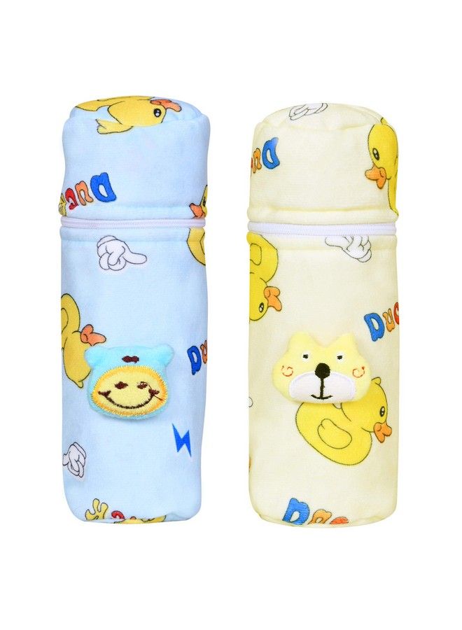 Soft Plush Stretchable Baby Feeding Bottle Cover With Easy To Hold Strap ; Cute Animated Overall Print Pack Of 2 (Yellow & Blue Zip Closure 120Ml150Ml 4Oz5Oz)