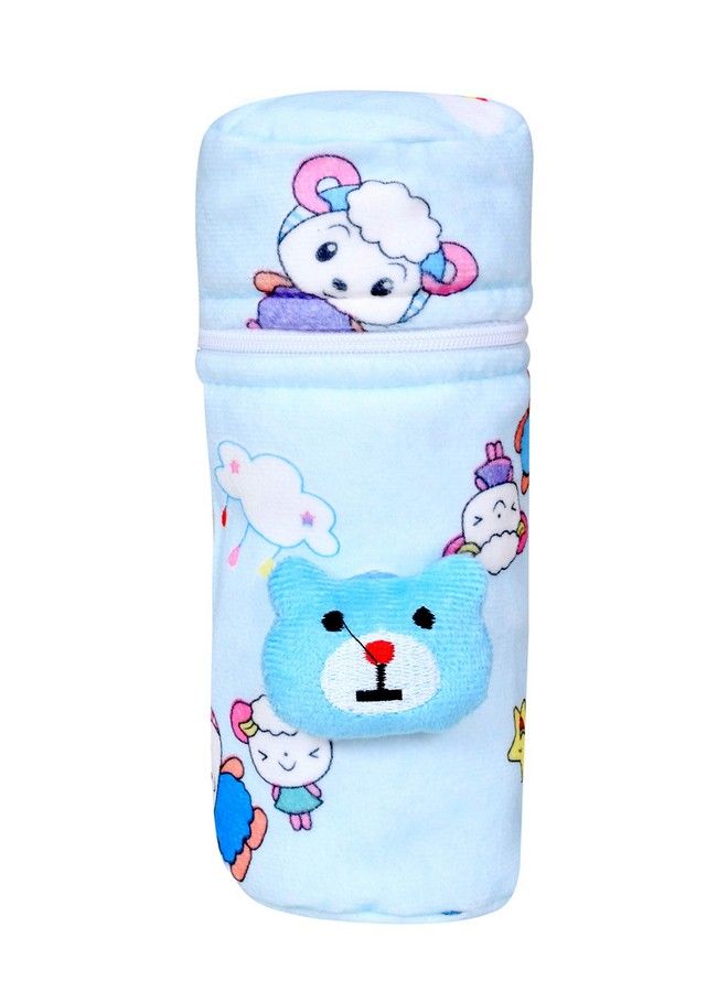 Soft Plush Stretchable Baby Feeding Bottle Cover With Easy To Hold Strap ; Cute Animated Overall Print Pack Of 2 (Yellow & Blue Zip Closure 120Ml150Ml 4Oz5Oz)