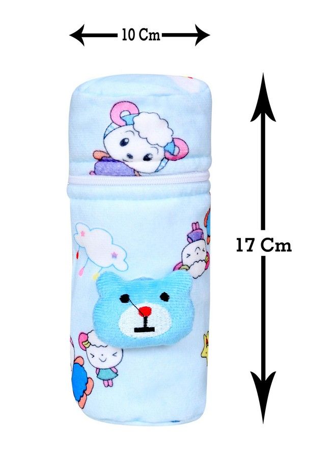 Soft Plush Stretchable Baby Feeding Bottle Cover With Easy To Hold Strap ; Cute Animated Overall Print Pack Of 2 (Yellow & Blue Zip Closure 120Ml150Ml 4Oz5Oz)