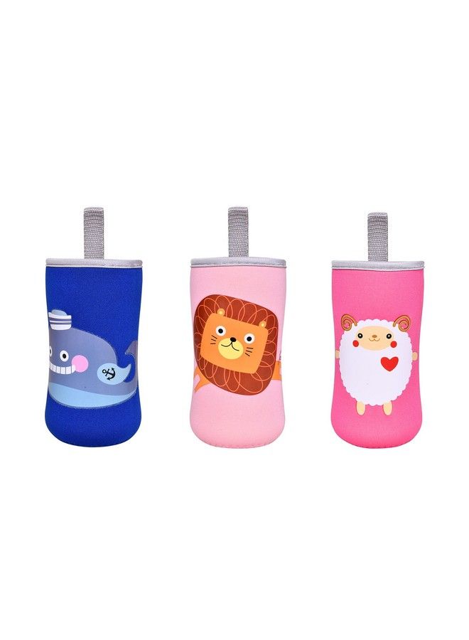 Cute Animated Patterned Soft Stretchable Baby Feeding Bottle Cover With Easy To Hold Strap For 120Ml 150Ml 200Ml (Fish Lion & Sheep Pack Of 3)