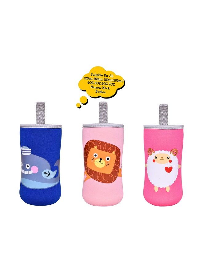 Cute Animated Patterned Soft Stretchable Baby Feeding Bottle Cover With Easy To Hold Strap For 120Ml 150Ml 200Ml (Fish Lion & Sheep Pack Of 3)