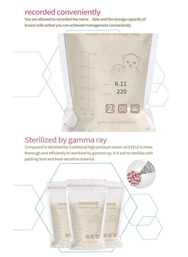 Breast Milk Storage Bag, 30 Pcs Easy Pour Pouch 220ml Breastfeeding Essentials Fresh-Keeping Bag with Scale Double Zipper Sealing Space Saving for Fridge or Freezer Use