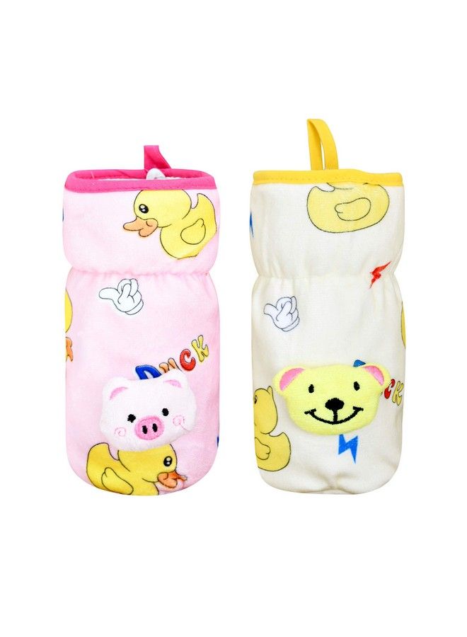 Soft Plush Stretchable Baby Feeding Bottle Cover With Easy To Hold Strap ; Cute Animated Overall Print Pack Of 2 (Pink & Yellow Wide Neck 240330Ml 811Oz)