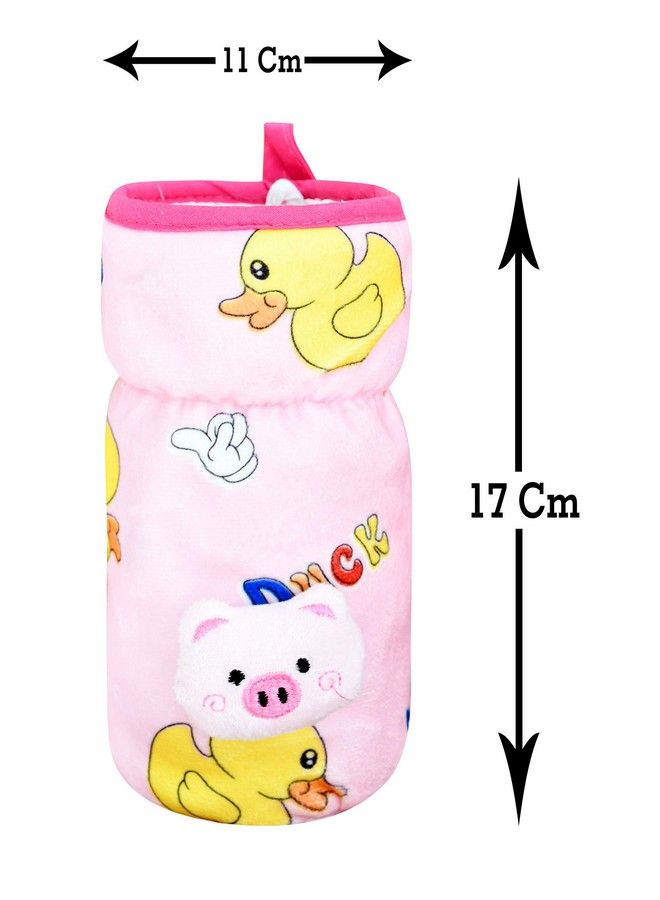 Soft Plush Stretchable Baby Feeding Bottle Cover With Easy To Hold Strap ; Cute Animated Overall Print Pack Of 2 (Pink & Yellow Wide Neck 240330Ml 811Oz)