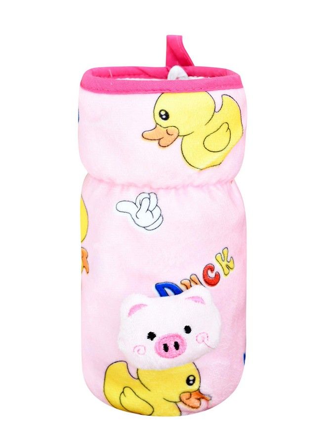 Soft Plush Stretchable Baby Feeding Bottle Cover With Easy To Hold Strap ; Cute Animated Overall Print Pack Of 2 (Pink & Yellow Wide Neck 240330Ml 811Oz)