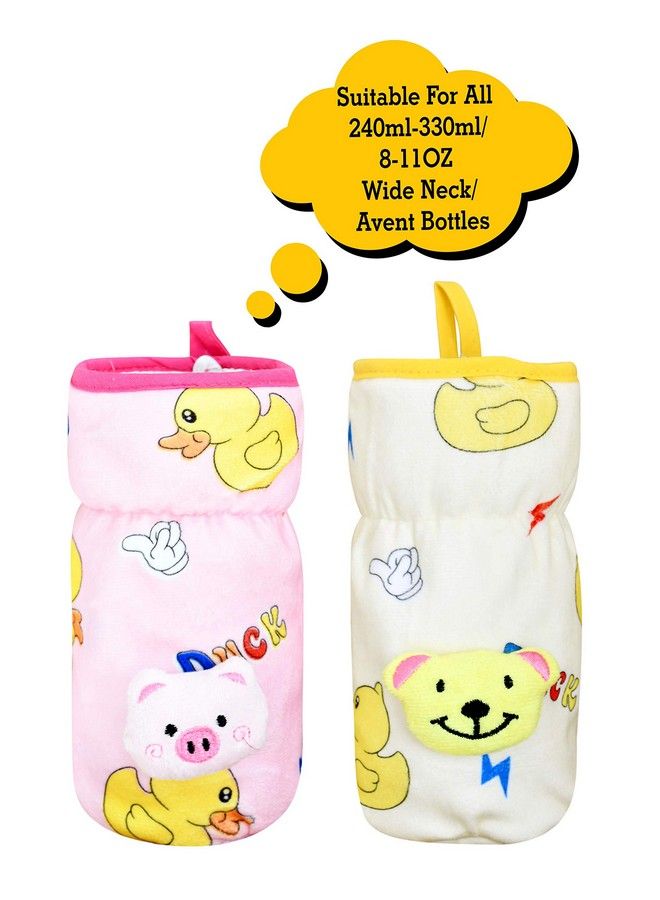 Soft Plush Stretchable Baby Feeding Bottle Cover With Easy To Hold Strap ; Cute Animated Overall Print Pack Of 2 (Pink & Yellow Wide Neck 240330Ml 811Oz)