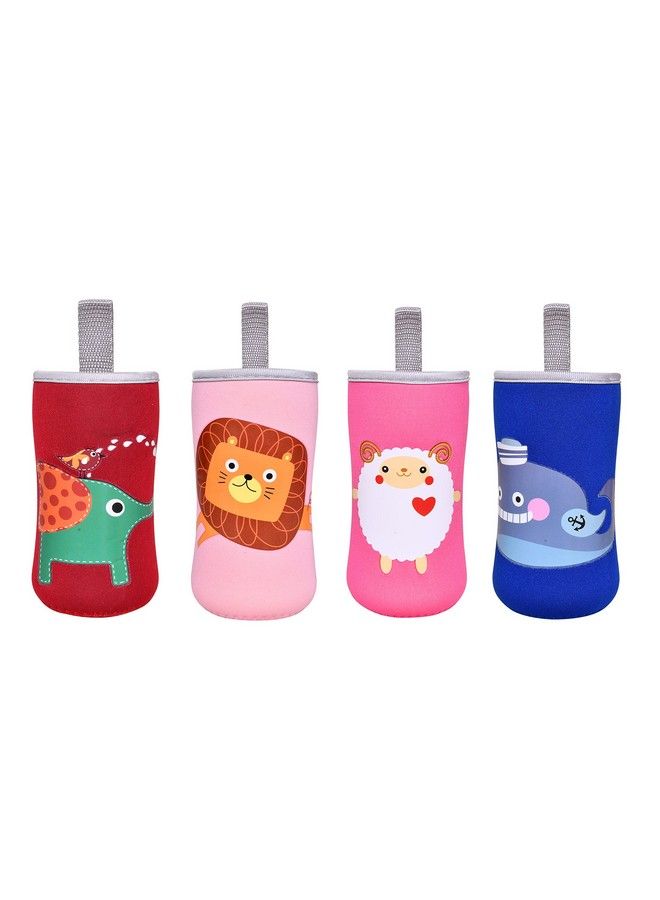 Cute Animated Patterned Soft Stretchable Baby Feeding Bottle Cover With Easy To Hold Strap For 120Ml 150Ml 240Ml (Elephant Lion Sheep & Fish Pack Of 4)