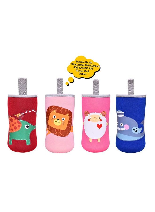 Cute Animated Patterned Soft Stretchable Baby Feeding Bottle Cover With Easy To Hold Strap For 120Ml 150Ml 240Ml (Elephant Lion Sheep & Fish Pack Of 4)