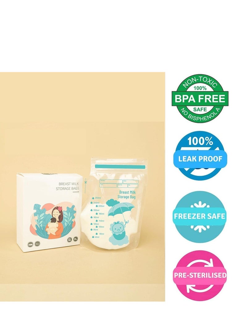 Breast Milk Storage Bags 30pcs 250ml Milk Freezer Bags Essentials Breast Milk Storage Bags for Freezer Pre-Sterilised Stand-Up Pouches No Leak Double Seal Freezer Milk Storage for Fridge