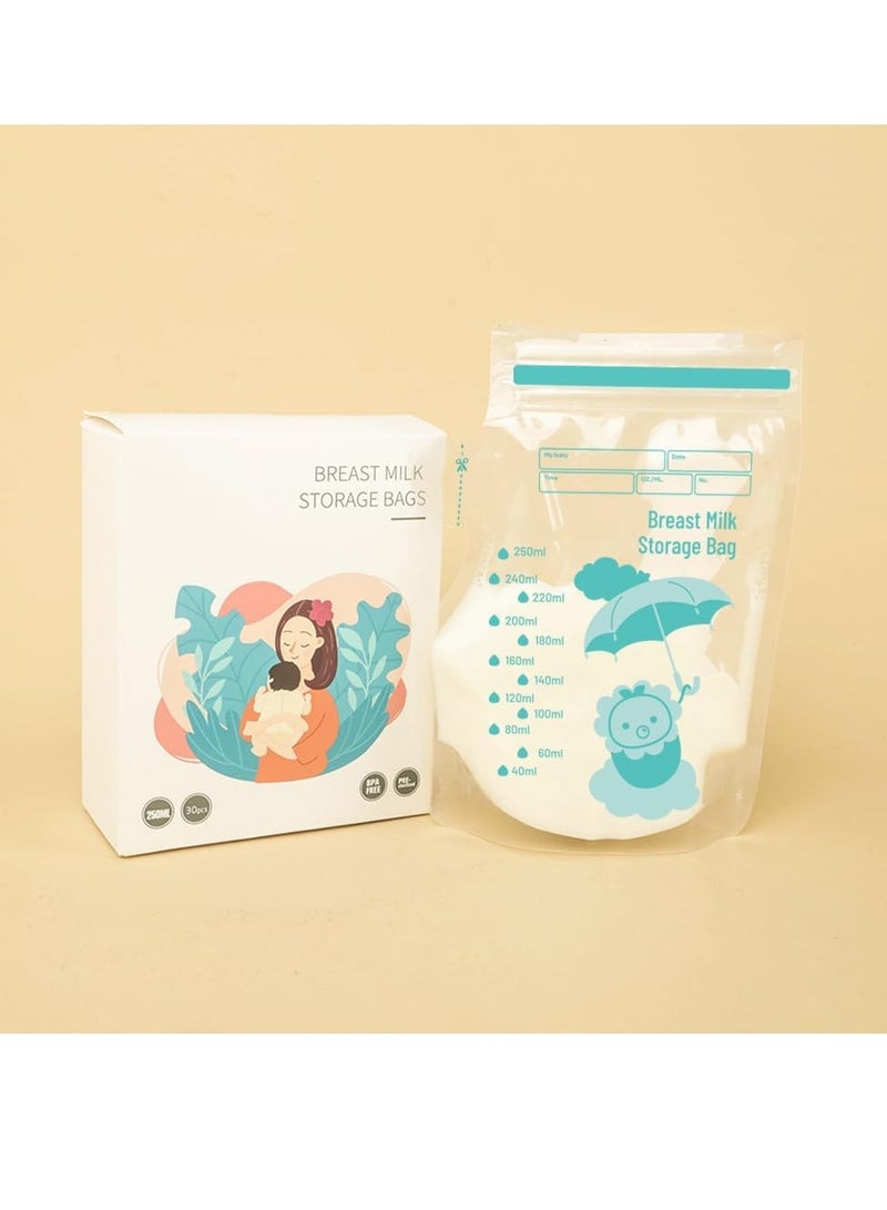 Breast Milk Storage Bags 30pcs 250ml Milk Freezer Bags Essentials Breast Milk Storage Bags for Freezer Pre-Sterilised Stand-Up Pouches No Leak Double Seal Freezer Milk Storage for Fridge