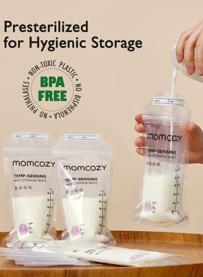 Breast Milk Bags, Temp-Sensing Discoloration Milk Storing Bags for Breastfeeding, Disposable Milk Storage Bag with 6 Ounce Self Standing, No-Leak Milk Freezer Storage Pouches