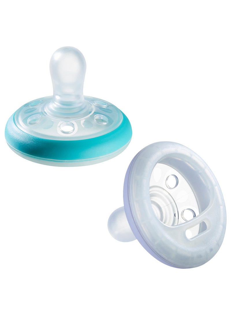 Pack Of 2 Dummies Breast-Like Soother Night Dark Glow Skin-Like Texture Symmetrical Orthodontic Design BPA-Free Includes Steriliser Box For 6-18m Assorted